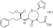 CAS # 110221-44-8, Temocapril hydrochloride, (+)-[(2S,6R)-6-[[(S)-1-(Ethoxycarbonyl)-3-phenylpropyl]amino]-5-oxo-2-(2-thienyl)perhydro-1,4-thiazepin-4-yl]acetic acid hydrochloride