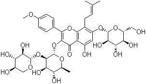 CAS # 110623-73-9, Epmedin B, 3-((6-Deoxy-2-O-beta-D-xylopyranosyl-alpha-L-mannopyranosyl)oxy)-7-(beta-D-glucopyranosyloxy)-5-hydroxy-2-(4-methoxyphenyl)-8-(3-methyl-2-butenyl)-4H-1-benzopyran-4-one