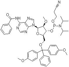 structure of CAS# 110782-31-5, N-Benzoyl-5'-O-(4,4-dimethoxytrityl)-2'-O-methyladenosine-3'-(2-cyanoethyl-N,N-diisopropyl)phosphoramidite