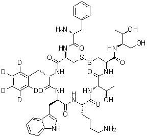 D-苯丙氨酰-L-半胱氨酰-L-苯丙氨酰-2,3,4,5,6-d<sub>5</sub>-D-色氨酰-L-赖氨酰-L-苏氨酰-N-[(1R,2R)-2-羟基-1-(羟基甲基)丙基]-L-半胱氨酰胺环(2→7)-二硫醚分子结构 (CAS 1134880-79-7)