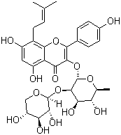 CAS # 113558-14-8, Icarisoside F, Ikarisoside F, 3-[(6-Deoxy-2-O-beta-D-xylopyranosyl-alpha-L-mannopyranosyl)oxy]-5,7-dihydroxy-2-(4-hydroxyphenyl)-8-(3-methyl-2-buten-1-yl)-4H-1-benzopyran-4-one