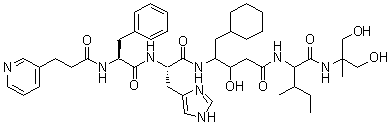 CAS # 114037-60-4, SR 43845, N-[1-Oxo-3-(3-pyridinyl)propyl]-L-phenylalanyl-L-histidyl-4-amino-5-cyclohexyl-2,4,5-trideoxy-L-threo-pentonoyl-N-[2-hydroxy-1-(hydroxymethyl)-1-methylethyl]-L-isoleucinamide
