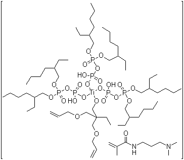 CAS # 117002-37-6, Titanate Coupling Agent LICA 38J, Ken-React LICA 38J, [P,P-Bis(2-ethylhexyl) diphosphato(2-)-kappaO'']bis[P,P-bis(2-ethylhexyl) diphosphato(2-)-kappaO'',kappaO''''][2,2-bis[(2-propenyloxy)methyl]-1-butanolato-kappaO]titanate(3-) hydrogen compd. with N-[3-(dimethylamino)propyl]-2-methyl-2-propenamide