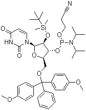 structure of CAS# 118362-03-1, 5'-O-(4,4-Dimethoxytrityl)-2'-O-[(tert-butyl)dimethylsilyl]uridine-3'-(2-cyanoethyl-N,N-diisopropyl)phosphoramidite