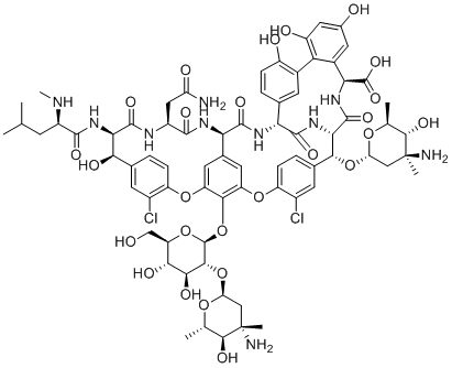 CAS # 118395-73-6, Chloroeremomycin, Chloroorienticin A, A 82846B, A83846b, (1S,2R,18R,19R,22S,25R,28R,40S)-22-(2-Amino-2-oxoethyl)-48-{[2-O-(3-amino-2,3,6-trideoxy-3-methyl-a-L-arabino-hexopyranosyl)-�-D-glucopyranosyl]oxy}-2-[(3-amino-2,3,6-trideoxy-3-methyl-a-L- arabino-hexopyranosyl)oxy]-5,15-dichloro-18,32,35,37-tetrahydroxy-19-[(N-methyl-D-leucyl)amino]-20,23,26,42,44-pentaoxo-7,13-dioxa-21,24,27,41,43-pentaazaoctacyclo[26.14.2.2~3,6~.2~14,17~.1~8,12~.1~29 ,33~.0~10,25~.0~34,39~]pentaconta-3,5,8(48),9,11,14,16,29(45),30,32,34,36,38,46,49-pentadecaene-40-carboxylic acid