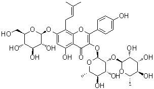 CAS # 118544-18-6, Baohuoside V, 3-[[6-Deoxy-2-O-(6-deoxy-alpha-L-mannopyranosyl)-alpha-L-mannopyranosyl]oxy]-7-(beta-D-glucopyranosyloxy)-5-hydroxy-2-(4-hydroxyphenyl)-8-(3-methyl-2-buten-1-yl)-4H-1-benzopyran-4-one, Diphylloside B