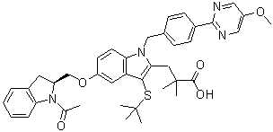 CAS # 1206880-66-1, 5-[[(2S)-1-Acetyl-2,3-dihydro-1H-indol-2-yl]methoxy]-3-[(1,1-dimethylethyl)thio]-1-[[4-(5-methoxy-2-pyrimidinyl)phenyl]methyl]-alpha,alpha-dimethyl-1H-indole-2-propanoic acid, AM 679
