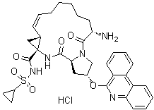 CAS # 1216941-74-0, (2R,6S,12Z,13aS,14aR,16aS)-6-Amino-N-(cyclopropylsulfonyl)-1,2,3,6,7,8,9,10,11,13a,14,15,16,16a-tetradecahydro-5,16-dioxo-2-(6-phenanthridinyloxy)-cyclopropa[e]pyrrolo[1,2-a][1,4]diazacyclopentadecine-14a(5H)-carboxamide hydrochloride (1:1)