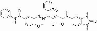 CAS 登录号：12225-06-8, 颜料红 176, N-(2,3-二氢-2-氧代-1H-苯并咪唑-5-基)-3-羟基-4-[[2-甲氧基-5-[(苯基氨基)甲酰]苯基]偶氮]-2-萘甲酰胺