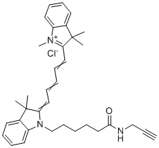 CAS # 1223357-57-0, Cyanine5 alkyne, 6-[3,3-dimethyl-2-[5-(1,3,3-trimethylindol-1-ium-2-yl)penta-2,4-dienylidene]indol-1-yl]-N-prop-2-ynylhexanamide,chloride