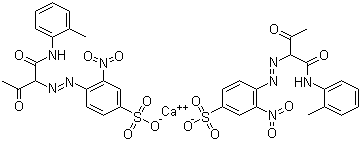 CAS 登录号：12286-66-7, 颜料黄 62, 4-[[1-[[(2-甲基苯基)氨基]羰基]-2-氧代丙基]偶氮]-3-硝基苯磺酸钙盐 (2:1)