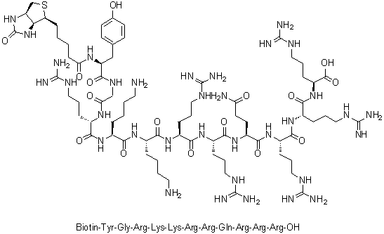 CAS # 1231898-25-1, N-[5-[(3aS,4S,6aR)-Hexahydro-2-oxo-1H-thieno[3,4-d]imidazol-4-yl]-1-oxopentyl]-L-tyrosylglycyl-L-arginyl-L-lysyl-L-lysyl-L-arginyl-L-arginyl-L-glutaminyl-L-arginyl-L-arginyl-L-arginine