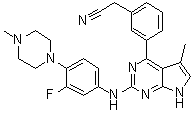 structure of CAS# 1239875-86-5, 3-[2-[[3-Fluoro-4-(4-methyl-1-piperazinyl)phenyl]amino]-5-methyl-7H-pyrrolo[2,3-d]pyrimidin-4-yl]benzeneacetonitrile