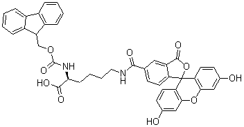 structure of CAS# 1242933-88-5, N6-[(3',6'-Dihydroxy-3-oxospiro[isobenzofuran-1(3H),9'-[9H]xanthen]-5-yl)carbonyl]-N2-[(9H-fluoren-9-ylmethoxy)carbonyl]-L-lysine