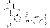 structure of CAS# 1247825-37-1, 4-氰基-5-[(3,5-二氯-4-吡啶基)硫基]-N-[4-(甲基磺酰基)苯基]-2-噻吩甲酰胺