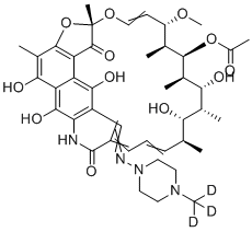 CAS # 1262052-36-7, Rifampicin-d3, [(7S,11S,12S,13S,14R,15R,16R,17S,18S)-2,15,17,27,29-pentahydroxy-11-methoxy-3,7,12,14,16,18,22-heptamethyl-6,23-dioxo-26-[[4-(trideuteriomethyl)piperazin-1-yl]iminomethyl]-8,30-dioxa-24-azatetracyclo[23.3.1.14,7.05,28]triaconta-1(29),2,4,9,19,21,25,27-octaen-13-yl] acetate