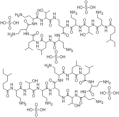 CAS # 1264-72-8, Colistin sulfate, N-[3-Amino-1-[[1-[[3-amino-1-[[6,9,18-tris(2-aminoethyl)-3-(1-hydroxyethyl)-12,15-bis(2-methylpropyl)-2,5,8,11,14,17,20-heptaoxo-1,4,7,10,13,16,19-heptazacyclotricos-21-yl]carbamoyl]propyl]carbamoyl]-2-hydroxy-propyl]carbamoyl]propyl]-5-methyl-heptanamide sulfate