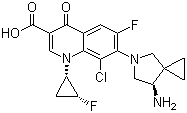 structure of CAS# 127199-06-8, 7-[(7R)-7-Amino-5-azaspiro[2.4]hept-5-yl]-8-chloro-6-fluoro-1-[(1S,2R)-2-fluorocyclopropyl]-1,4-dihydro-4-oxo-3-quinolinecarboxylic acid