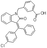 structure of CAS# 1273323-67-3, 3-[[(3E)-3-[(4-氯苯基)苯基亚甲基]-2,3-二氢-2-氧代-1H-吲哚-1-基]甲基]苯甲酸