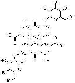 CAS # 128-57-4, Sennoside B, (9S)-9-[(9R)-2-Carboxy-4-hydroxy-10-oxo-5-[(2S,3R,4S,5S,6R)-3,4,5-trihydroxy-6-(hydroxymethyl)oxan-2-yl]oxy-9H-anthracen-9-yl]-4-hydroxy-10-oxo-5-[(2S,3R,4S,5S,6R)-3,4,5-trihydroxy-6-(hydroxymethyl)oxan-2-yl]oxy-9H-anthracene-2-carboxylic acid