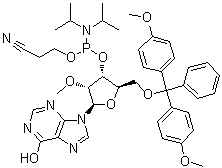 structure of CAS# 128219-85-2, 5'-O-[Bis(4-methoxyphenyl)phenylmethyl]-2'-O-methylinosine 3'-[2-cyanoethyl bis(1-methylethyl)phosphoramidite]