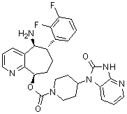 CAS # 1289023-67-1, Rimegepant, BMS 927711, 4-(2,3-Dihydro-2-oxo-1H-imidazo[4,5-b]pyridin-1-yl)-1-piperidinecarboxylic acid (5S,6S,9R)-5-amino-6-(2,3-difluorophenyl)-6,7,8,9-tetrahydro-5H-cyclohepta[b]pyridin-9-yl ester