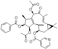CAS # 129393-28-8, Euphorbia factor L9, ((2S,3S,4R,5R,7R,9S,11S,15R)-5,15-Diacetoxy-3-benzoyloxy-7-nicotinoyloxy-14-oxolathyra-6(17),12E-diene