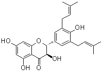 CAS # 1303438-51-8, Cathayanon H, (2R,3R)-2,3-Dihydro-3,5,7-trihydroxy-2-[4-hydroxy-3,5-bis(3-methyl-2-buten-1-yl)phenyl]-4H-1-benzopyran-4-one
