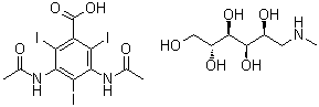 CAS # 131-49-7, Methylglucamine diatrixoate, Cardiografin, Diatrizoate meglumine, Diatrizoate methylglucamine, Ditrizoate methylglucamine, Gastrografin, Hypaque 13.4, Hypaque 60, Hypaque M 30, Hypaque meglumine, Meglumine amidotrizoate, Meglumine diatrizoate, Methylglucamine 3,5-diacetamido-2,4,6-triiodobenzoate, Methylglucamine diacetyldiaminetriiodobenzoate, Methylglucamine diatrixoate, Methylglucamine diatrizoate, Methylglucammonium 2,4,6-triiodo-3,5-dipropionamidobenzoate, N-Methylglucamine diatrizoate, Reno M 60, Reno-M-Dip, Renograffin M 76, Renografin, Renurix, Unipaque, Urografic acid methylglucamine salt, Urovist