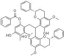 CAS # 132185-42-3, Dracoflavan A, 4-[2,2-Bis[(2S)-3,4-dihydro-7-hydroxy-5-methoxy-2-phenyl-2H-1-benzopyran-8-yl]ethyl]-5-methoxy-6-methyl-1,3-benzenediol 3-benzoate