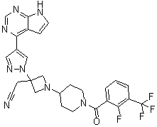 CAS # 1334298-96-2, 1-[1-[2-Fluoro-3-(trifluoromethyl)benzoyl]-4-piperidinyl]-3-[4-(7H-pyrrolo[2,3-d]pyrimidin-4-yl)-1H-pyrazol-1-yl]-3-azetidineacetonitrile