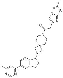structure of CAS# 1334782-79-4, 2-(2-甲基咪唑并[2,1-b][1,3]噻唑-6-基)-1-[2-[(1R)-5-(6-甲基嘧啶-4-基)-2,3-二氢-1H-茚-1-基]-2,7-二氮杂螺[3.5]壬烷-7-基]乙酮