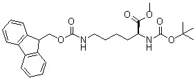 structure of CAS# 133628-28-1, N2-[(1,1-Dimethylethoxy)carbonyl]-N6-[(9H-fluoren-9-ylmethoxy)carbonyl]-L-lysine methyl ester
