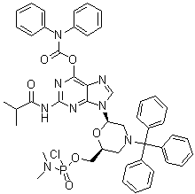 CAS 登录号：1357354-76-7, N,N-二苯基氨基甲酸 9-[(2R,6S)-6-[[[氯(二甲基氨基)亚膦酰]氧基]甲基]-4-(三苯基甲基)-2-吗啉基]-2-[(2-甲基-1-氧代丙基)氨基]-9H-嘌呤-6-基酯
