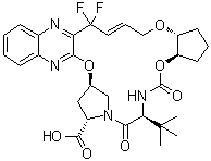 CAS # 1365970-48-4, (3aR,7S,10S,12R,24aR)-7-(1,1-Dimethylethyl)-20,20-difluoro-2,3,3a,5,6,7,8,11,12,20,23,24a-dodecahydro-5,8-dioxo-10H-9,12-methano-1H-cyclopenta[18,19][1,10,17,3,6]trioxadiazacyclononadecino[11,12-b]quinoxaline-10-carboxylic acid