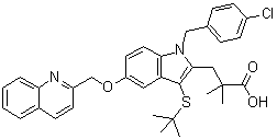 CAS # 136668-42-3, Quiflapon, 1-[(4-Chlorophenyl)methyl]-3-[(1,1-dimethylethyl)thio]-alpha,alpha-dimethyl-5-(2-quinolinylmethoxy)-1H-indole-2-propanoic acid, MK 0591