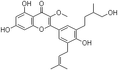 CAS # 1372527-39-3, Dodoviscin H, (-)-5,7-Dihydroxy-2-[4-hydroxy-3-(4-hydroxy-3-methylbutyl)-5-(3-methyl-2-buten-1-yl)phenyl]-3-methoxy-4H-1-benzopyran-4-one