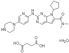 CAS # 1374639-79-8, Butanedioic acid, compd. with 7-cyclopentyl-N,N-dimethyl-2-[[5-(1-piperazinyl)-2-pyridinyl]amino]-7H-pyrrolo[2,3-d]pyrimidine-6-carboxamide hydrate (1:1:?)