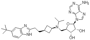 structure of CAS# 1380288-87-8, 9-[5-脱氧-5-[[顺式-3-[2-[6-叔丁基-1H-苯并咪唑-2-基]乙基]环丁基](1-甲基乙基)氨基]-beta-D-呋喃核糖基]-9H-嘌呤-6-胺