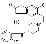 CAS # 138982-67-9, Ziprasidone hydrochloride, 5-[2-[4-(1,2-Benzisothiazol-3yl)-1-piperazinyl]ethyl]-6-chloro-1,3-dihydro-2H-indol-2-one hydrochloride