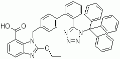 CAS 登录号：139481-72-4, 三苯甲基坎地沙坦, 2-乙氧基-3-[[4-[2-(1-三苯甲基-1H-四唑-5-基)苯基]苯基]甲基]-3H-苯并咪唑-4-羧酸