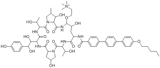 CAS # 1396640-59-7, Rezafungin, 2-[[6-[1,2-dihydroxy-2-(4-hydroxyphenyl)ethyl]-11,20,25-trihydroxy-3,15-bis(1-hydroxyethyl)-26-methyl-2,5,8,14,17,23-hexaoxo-18-[[4-[4-(4-pentoxyphenyl)phenyl]benzoyl]amino]-1,4,7,13,16,22-hexazatricyclo[22.3.0.09,13]heptacosan-21-yl]oxy]ethyl-trimethylazanium