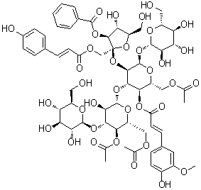 CAS # 139682-01-2, Tenuifoliose A, 3-O-Benzoyl-1-O-[3-(4-hydroxyphenyl)-1-oxo-2-propen-1-yl]-beta-D-fructofuranosyl O-beta-D-glucopyranosyl-(1→2)-O-[O-beta-D-glucopyranosyl-(1→3)-4,6-di-O-acetyl-beta-D-glucopyranosyl-(1→3)]-alpha-D-glucopyranoside 6-acetate 4-[3-(4-hydroxy-3-methoxyphenyl)-2-propenoate]