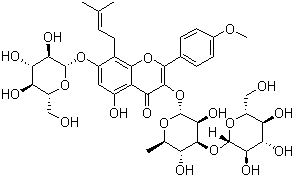 CAS # 140147-77-9, Epimedin A1, Hexandraside F, 3-[(6-Deoxy-3-O-beta-D-glucopyranosyl-alpha-L-mannopyranosyl)oxy]-7-(beta-D-glucopyranosyloxy)-5-hydroxy-2-(4-methoxyphenyl)-8-(3-methyl-2-buten-1-yl)-4H-1-benzopyran-4-one