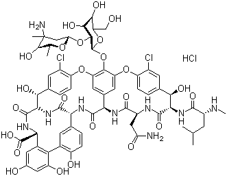 CAS # 1404-93-9, Vancomycin hydrochloride, (1S,2R,18R,19R,22S,25R,28R,40S)-48-[(2S,3R,4S,5S,6R)-3-[(2S,4S,5S,6S)-4-amino-5-hydroxy-4,6-dimethyloxan-2-yl]oxy-4,5-dihydroxy-6-(hydroxymethyl)oxan-2-yl]oxy-22-(2-amino-2-oxoethyl)-5,15-dichloro-2,18,32,35,37-pentahydroxy-19-[[(2R)-4-methyl-2-(methylamino)pentanoyl]amino]-20,23,26,42,44-pentaoxo-7,13-dioxa-21,24,27,41,43-pentazaoctacyclo[26.14.2.23,6.214,17.18,12.129,33.010,25.034,39]pentaconta-3,5,8(48),9,11,14,16,29(45),30,32,34(39),35,37,46,49-pentadecaene-40-carboxylic acid,hydrochloride