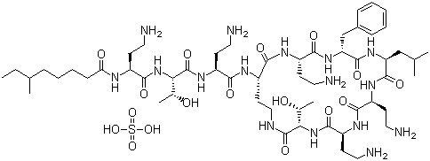 CAS # 1405-20-5, Polymyxin B sulfate, Aerosporin, N-[3-Amino-1-[[1-[[3-amino-1-[[6,9,18-tris(2-aminoethyl)-15-benzyl-3-(1-hydroxyethyl)-12-(2-methylpropyl)-2,5,8,11,14,17,20-heptaoxo-1,4,7,10,13,16,19-heptazacyclotricos-21-yl]carbamoyl]propyl]carbamoyl]-2-hydroxy-propyl]carbamoyl]propyl]-6-methyl-octanamide sulfuric acid