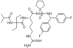 structure of CAS# 1417329-24-8, 1-[[(2S)-5-[(氨基亚胺甲基)氨基]-2-[[2-乙基-2-[(2-甲基-1-氧代丙基)氨基]-1-氧代丁基]氨基]-1-氧代戊基]氨基]-N-[二(4-氟苯基)甲基]环戊烷甲酰胺]