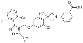 CAS # 1418274-28-8, 2-[3-[2-Chloro-4-[[5-cyclopropyl-3-(2,6-dichlorophenyl)-4-isoxazolyl]methoxy]phenyl]-3-hydroxy-1-azetidinyl]-4-pyridinecarboxylic acid, Cilofexor, GS 9674, PX 104