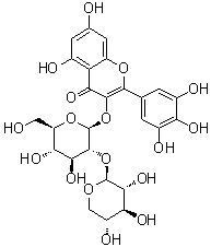 CAS 登录号：142449-93-2, 5,7-二羟基-2-(3,4,5-三羟基苯基)-3-[(2-O-beta-D-吡喃木糖基-beta-D-吡喃葡萄糖基)氧基]-4H-1-苯并吡喃-4-酮
