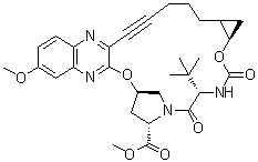 CAS 登录号：1425038-23-8, (1aR,5S,8S,10R,22aR)-18,19-二去氢-5-(叔丁基)-1,1a,3,4,5,6,9,10,20,21,22,22a-十二氢-14-甲氧基-3,6-二氧代-8H-7,10-甲桥环丙烯并[18,19][1,10,3,6]二氧杂二氮杂环十九碳九烯并[11,12-b]喹喔啉-8-羧酸甲酯